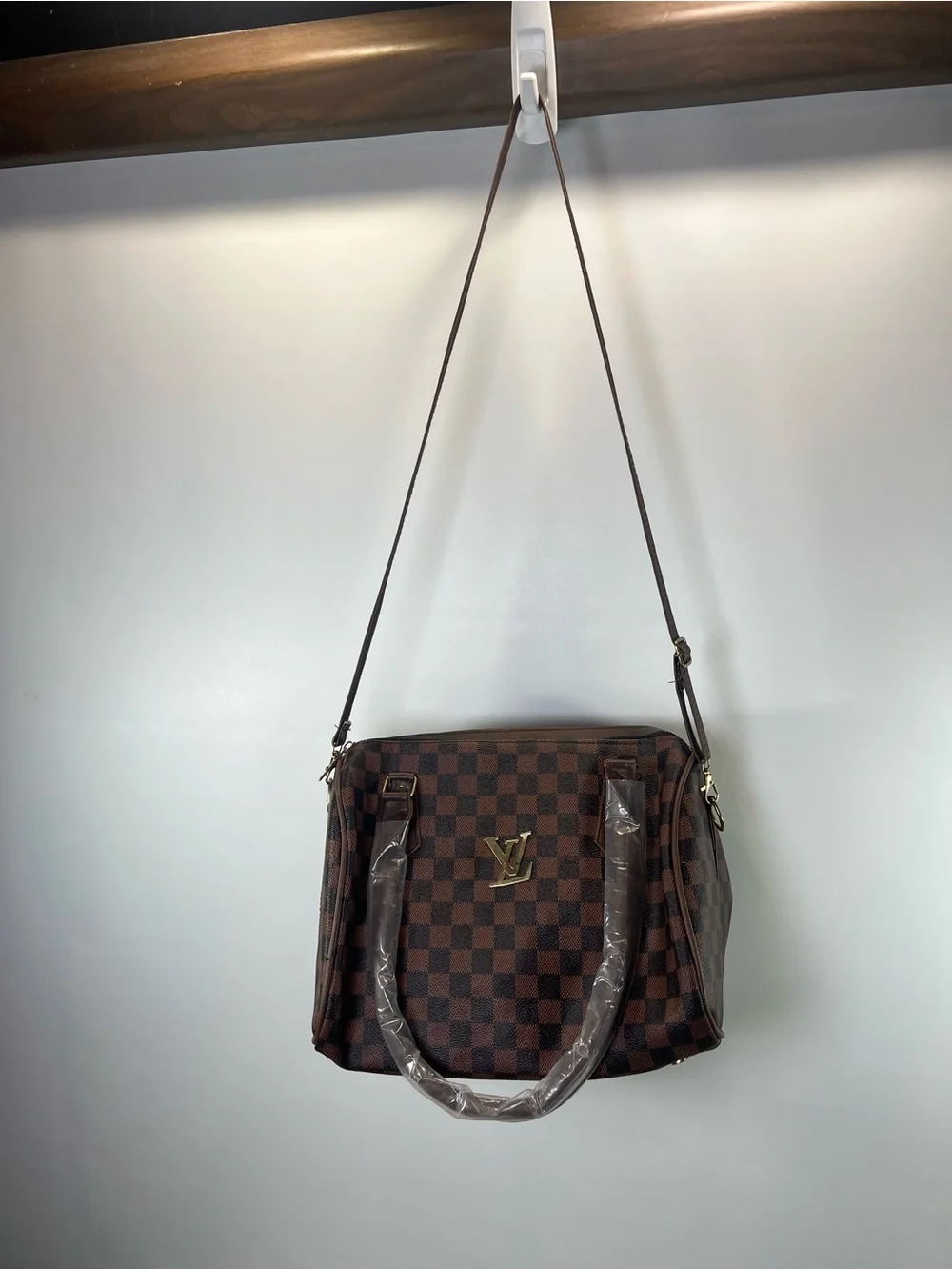 Brown Monogram Style Satchel Purse Gold Tone Hardware Fashion Handbag Flaw